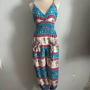 Boho Hippie Style One Piece Jumpsuit Elephant Print S/M 100% Rayon (F15)